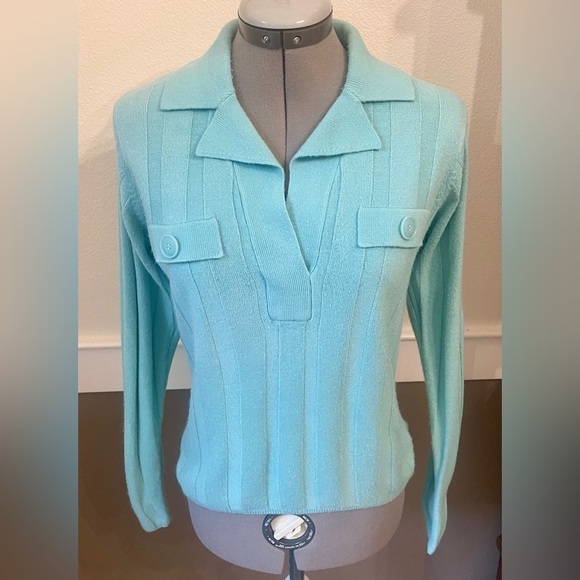⭐️Vintage 80s- 90s Bravo Sweater Size M Seafoam Collared Vertical Green Blue - Picture 4 of 8